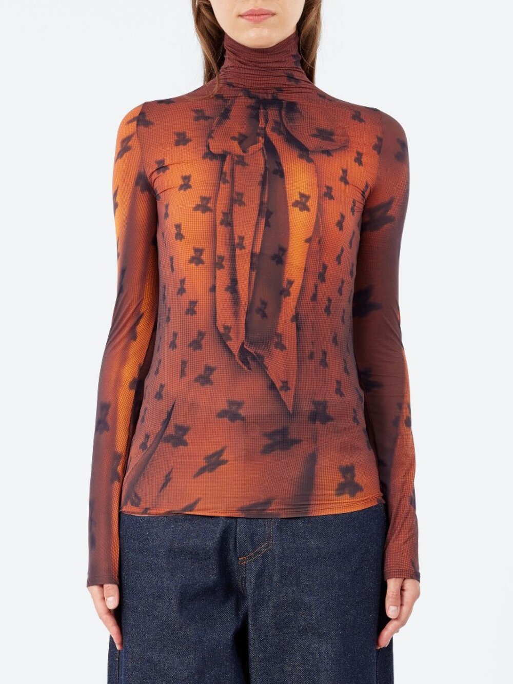 NWT ACNE STUDIOS Fitted Print Funnel Neck Mesh Top Rust Brown Bear Size L